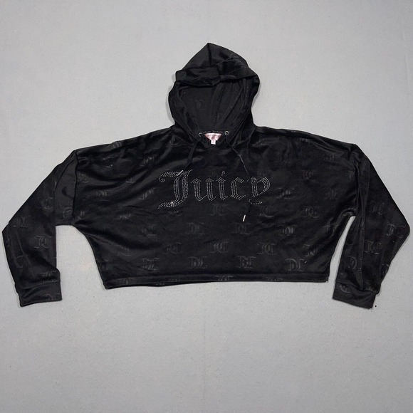 Juicy Couture Black Velour Logo Cropped Hoodie Size Medium Y2K Style - Picture 1 of 13